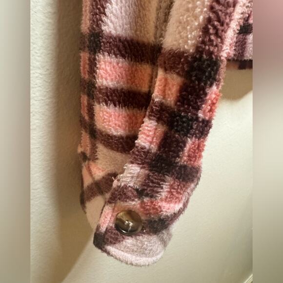 Altar’d State Button Down Cropped Fleece Comfy Jacket Pink White Women’s Medium - Picture 5 of 8